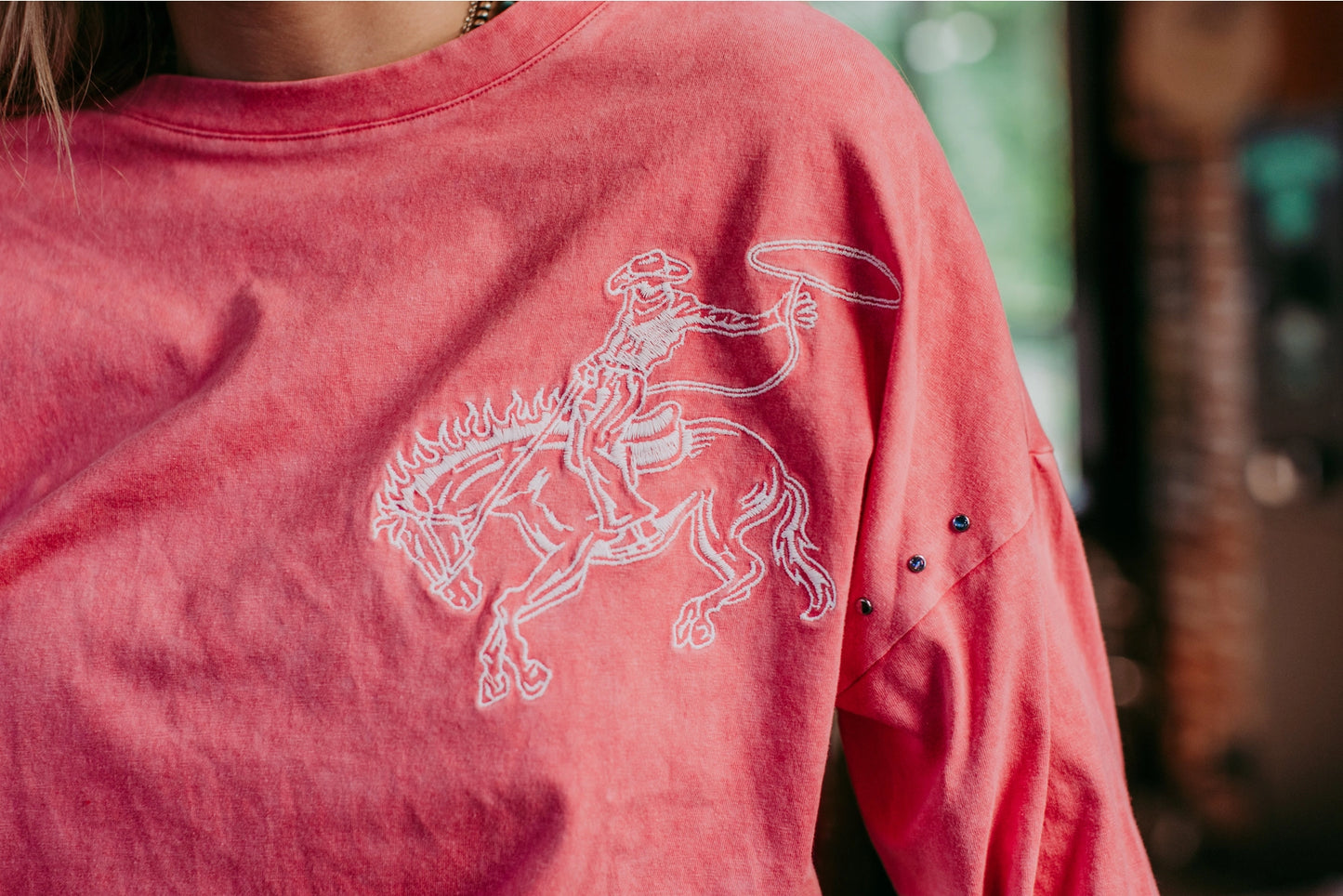 Acid Washed Embroidery Studded Cropped Longsleeve