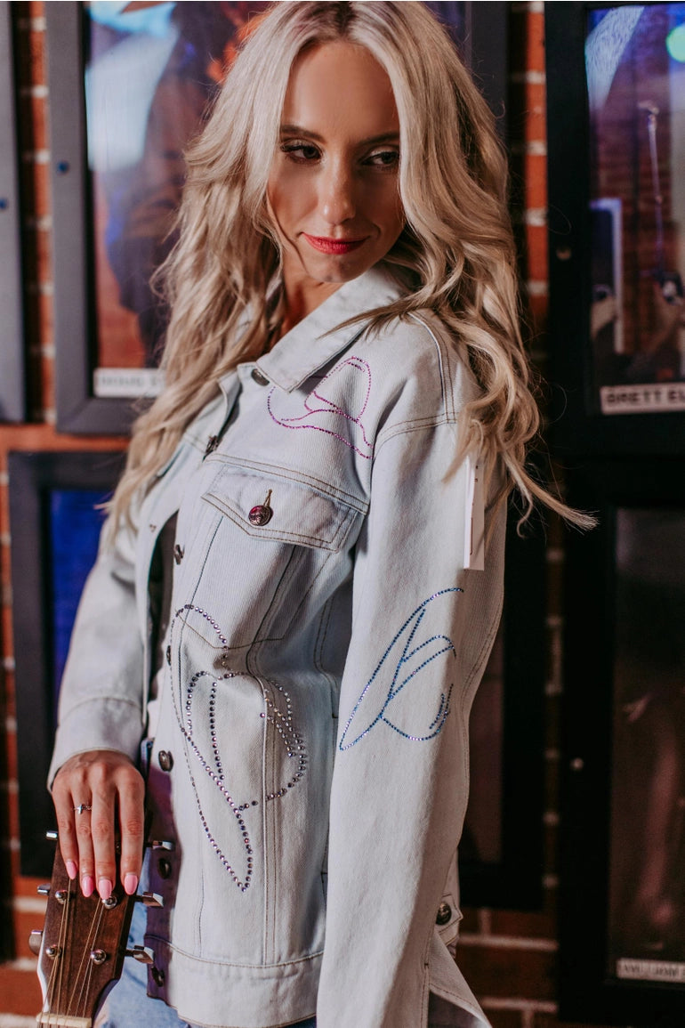 Rhinestone Cowgirl Crystal Embellished Denim Jacket - Main Image