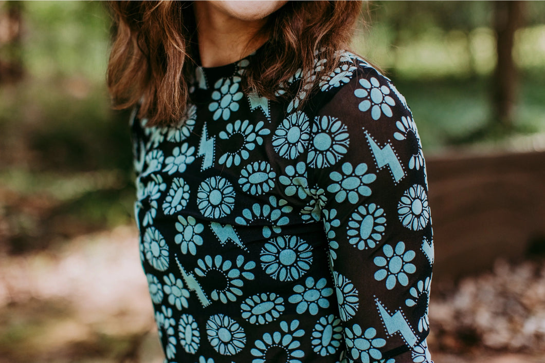 Turquoise & Lightning Mesh Top