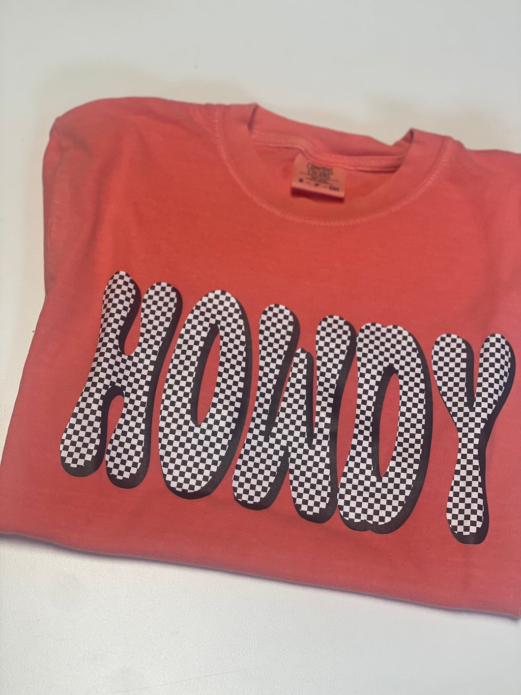 Coral Checkered Howdy Tee