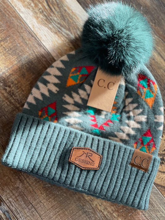 Turquoise Aztec Pom Beanie