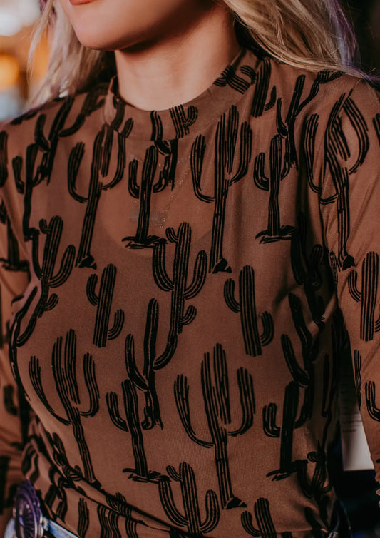All About Cactus Brown Mesh Top