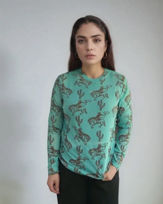 Teal Broncs & Cowboys Mesh Top
